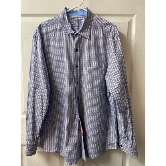Fasso Ella Button Up Shirt Mens XL BLue Plaid Preppy Career Casual Travel Office - Picture 1 of 9
